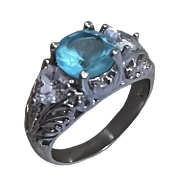 Elegant Art Deco Sterling Silver Aquamarine & White Sapphire Gemstone Ring - Picture 1 of 13